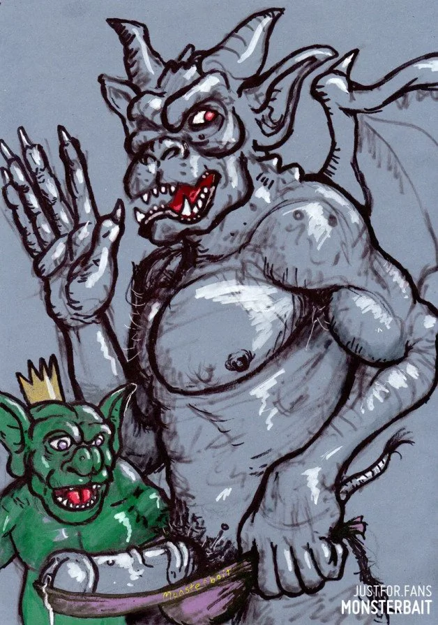 Photo by Monsterbait with the username @Monsterbait, who is a star user,  June 9, 2024 at 6:42 AM. The post is about the topic Gay Art & Illustrations and the text says 'A gargoyle and goblin doing a deep dungeon dive but getting distracted by a big prize the gargoyle has been hiding'