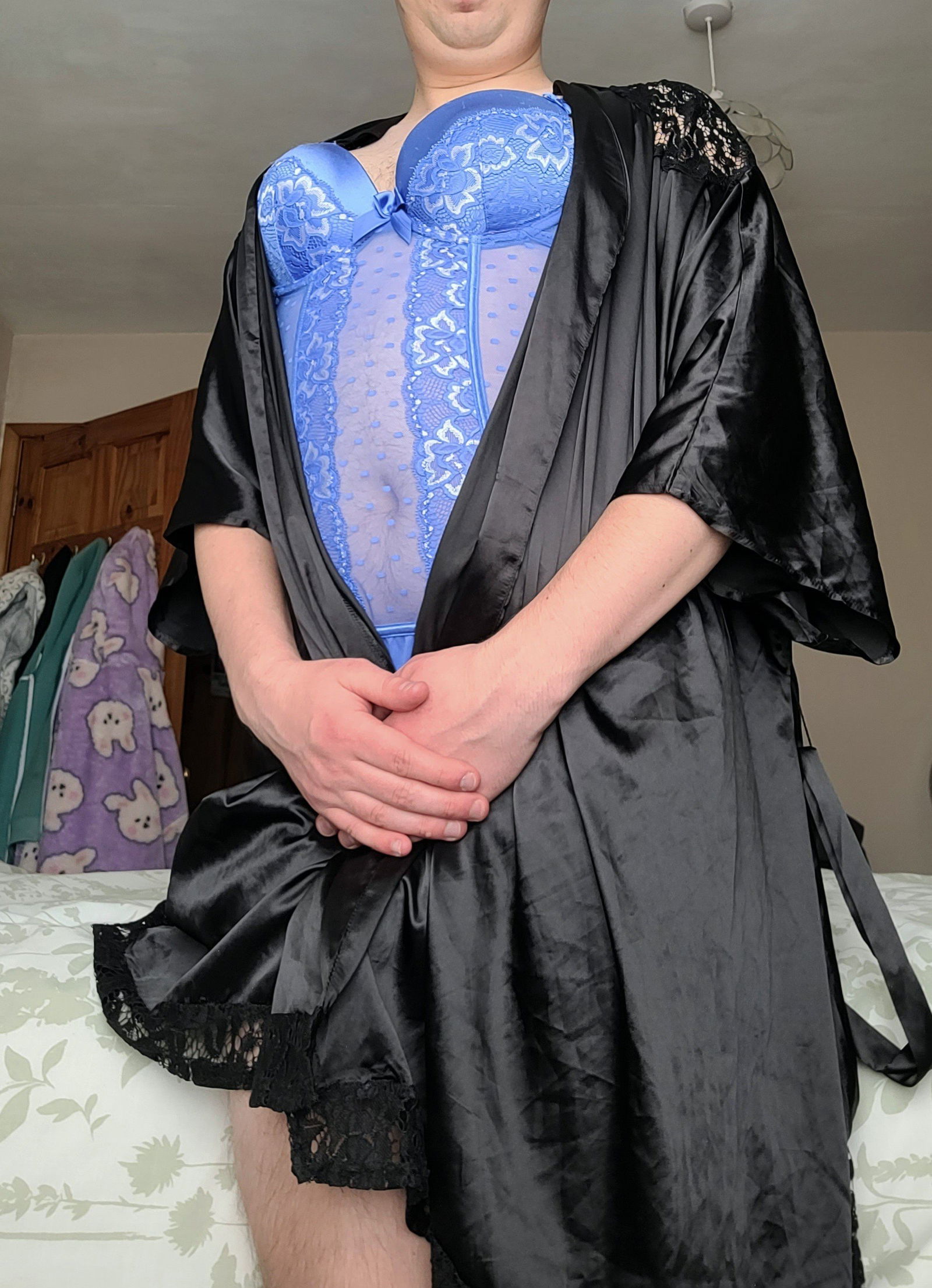 Album by Bubblebutt1994 with the username @Bubblebutt1994, who is a verified user,  October 14, 2024 at 2:51 PM. The post is about the topic Crossdressers and the text says 'Black Robe and Blue Lingerie'