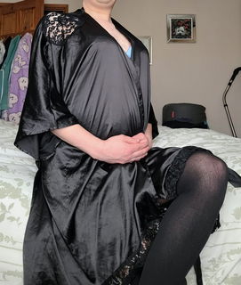 Album by Bubblebutt1994 with the username @Bubblebutt1994, who is a verified user,  October 14, 2024 at 2:51 PM. The post is about the topic Crossdressers and the text says 'Black Robe and Blue Lingerie'