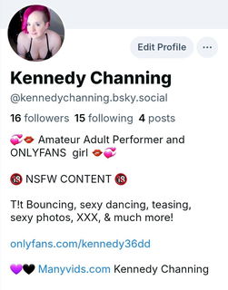 Photo by Kennedy Channing with the username @kennedy36dd, who is a star user,  December 8, 2024 at 1:00 AM and the text says 'Cum find me on Blue sky. I  just started a page on there. Also, check out my spicy links on my Sharesome page. 

Much love and Big Titty Hugs 💋'