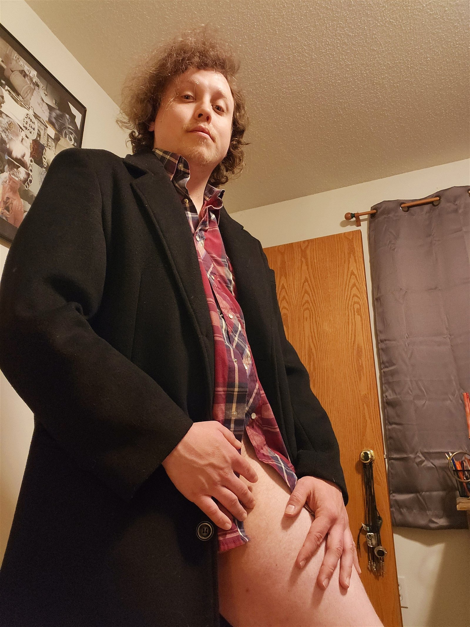 Photo by Danthenudist with the username @Danthenudist, who is a verified user,  May 4, 2024 at 3:46 PM and the text says 'Taking off my coat and shirt to get naked'