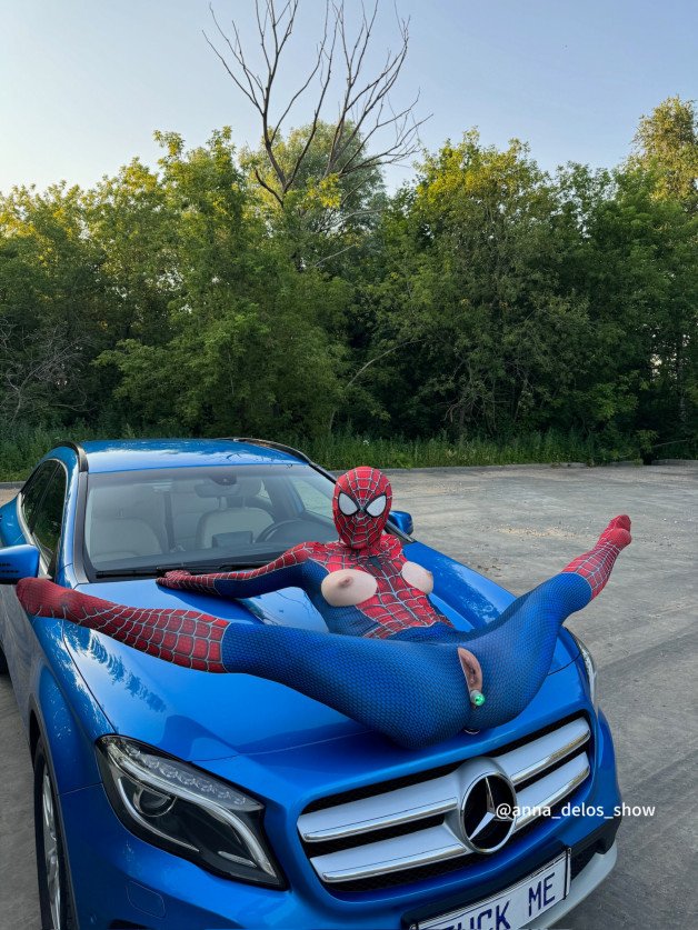 Photo by annadelosshow with the username @annadelosshow, who is a star user,  July 13, 2024 at 7:15 AM. The post is about the topic Cosplay Hotness XXX and the text says 'car trip with a spiderwoman be like 😜'