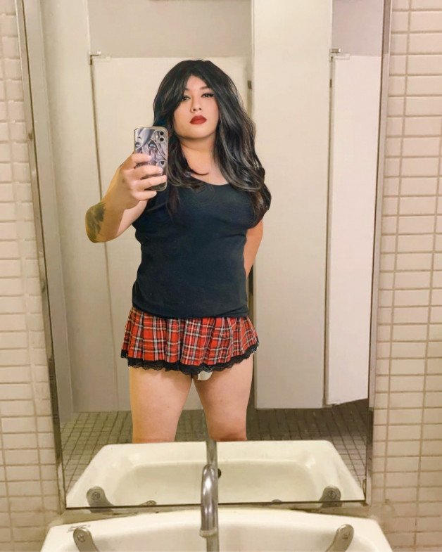 Photo by TsVictoriaJorgenson with the username @TsVictoriaJorgenson, who is a verified user,  June 16, 2024 at 6:37 PM and the text says 'literally in the men's restrrom fully crossdressed, almost got caught twice 
#victoriajorgenson #crossdresservictoriajorgenson'