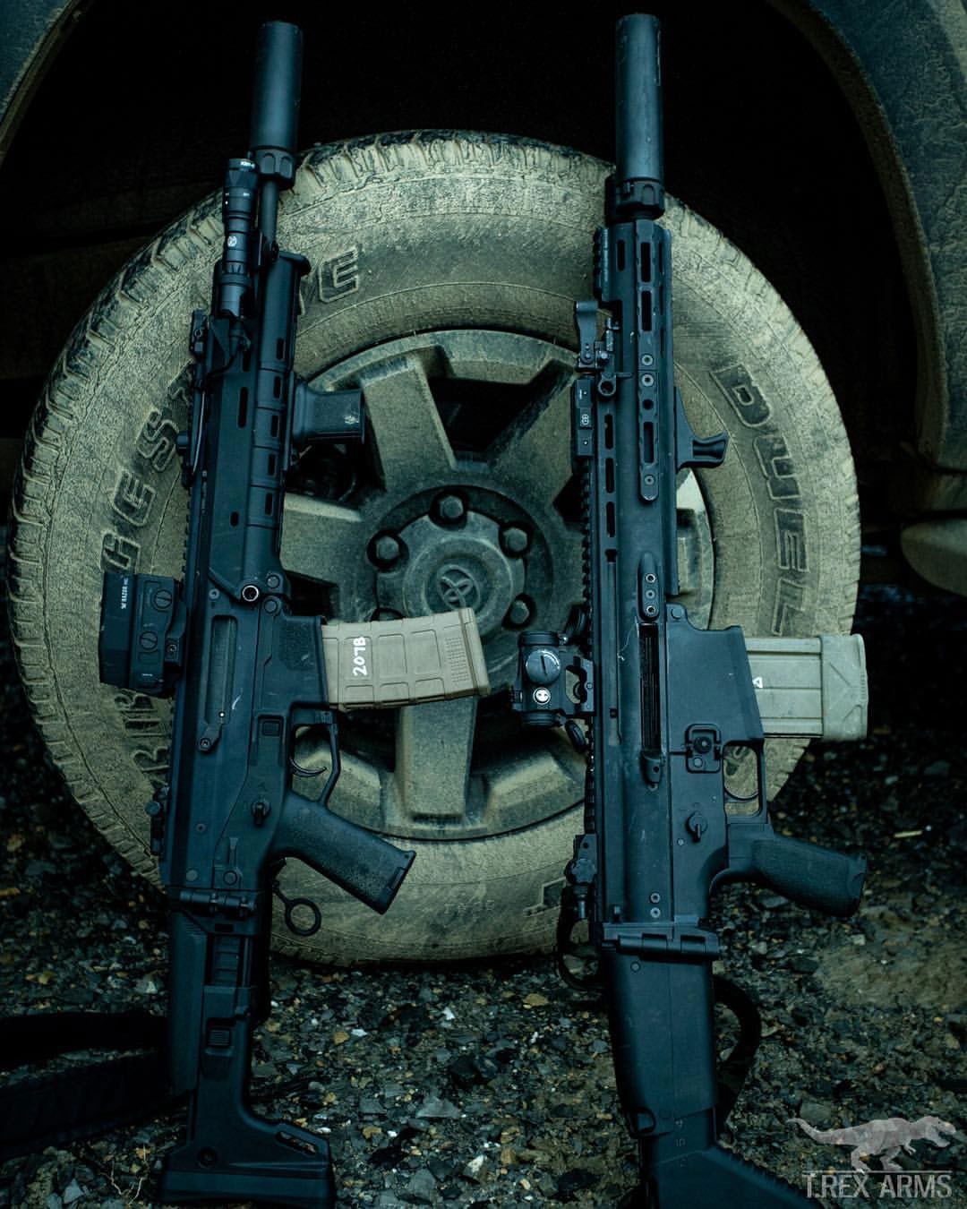 Photo by Ashtondm with the username @Ashtondm,  December 17, 2018 at 3:00 AM and the text says 'trexarmskydex:ACR and SCAR 17. Both with 13.7 barrels and suppressors. I prefer one of these guns over the other. But both will deliver a bullet. We can debate the pros and cons of both platforms all day, but what actually matters? Training. Competency...'