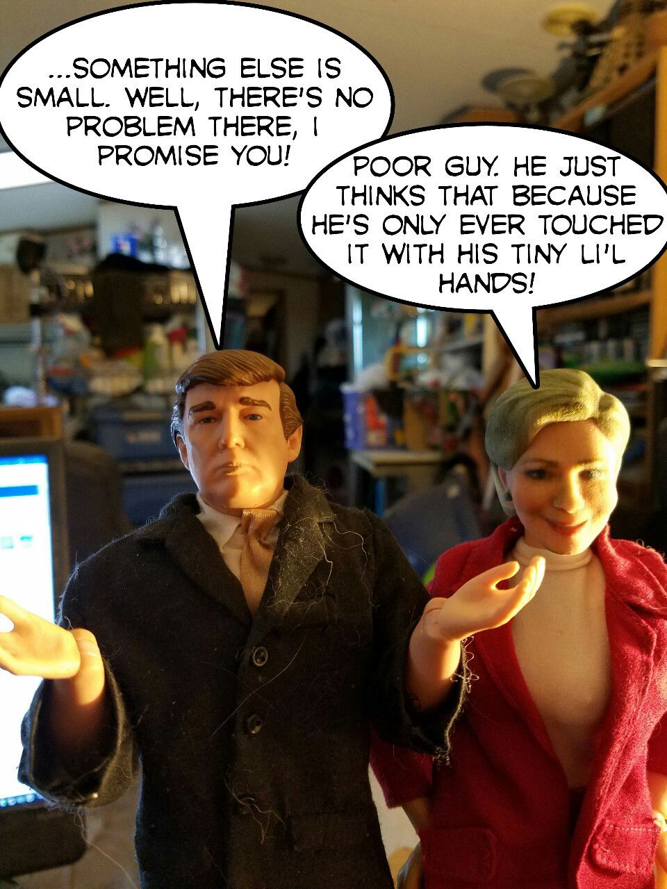 Photo by leviathan0999 with the username @leviathan0999,  August 8, 2016 at 7:13 PM and the text says '#hillary  #clinton  #donald  #trump  #action  #figures  #photo  #funny  #political  #satire'