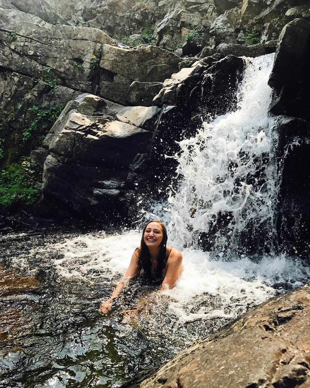 Photo by WangoTango with the username @WangoTango,  September 12, 2017 at 12:40 PM and the text says 'naturalswimmingspirit:
alkrimkrim
Very naked in very cold glacier water...#skinnydip #nipsbecold #greatoutdoors #glaciernationalpark'