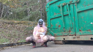 Photo by Miolee with the username @Miolee, who is a star user,  July 31, 2024 at 3:17 PM. The post is about the topic Public Sex and Exhibitionism and the text says 'Dressing up like a slut blindfolded while chained to the container and yes I got caught by a stranger! :3'