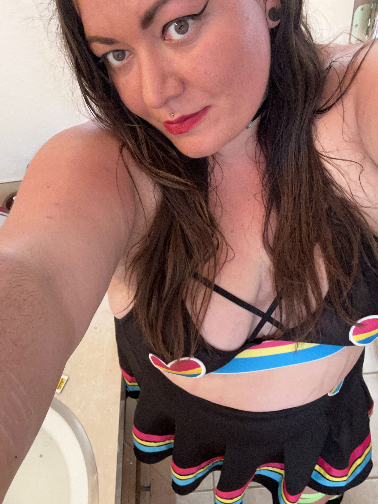 Album by valroxy99 with the username @valroxy99, who is a verified user,  July 10, 2024 at 11:14 PM. The post is about the topic Sexy Lingerie and the text says 'pretty in 💕💕💕🥰🥰🥰 love to pose and show what is underneath ;) #bbw #sexyoutfits #braandpanties #miniskirt #bigtits #lovepride #bisexual'