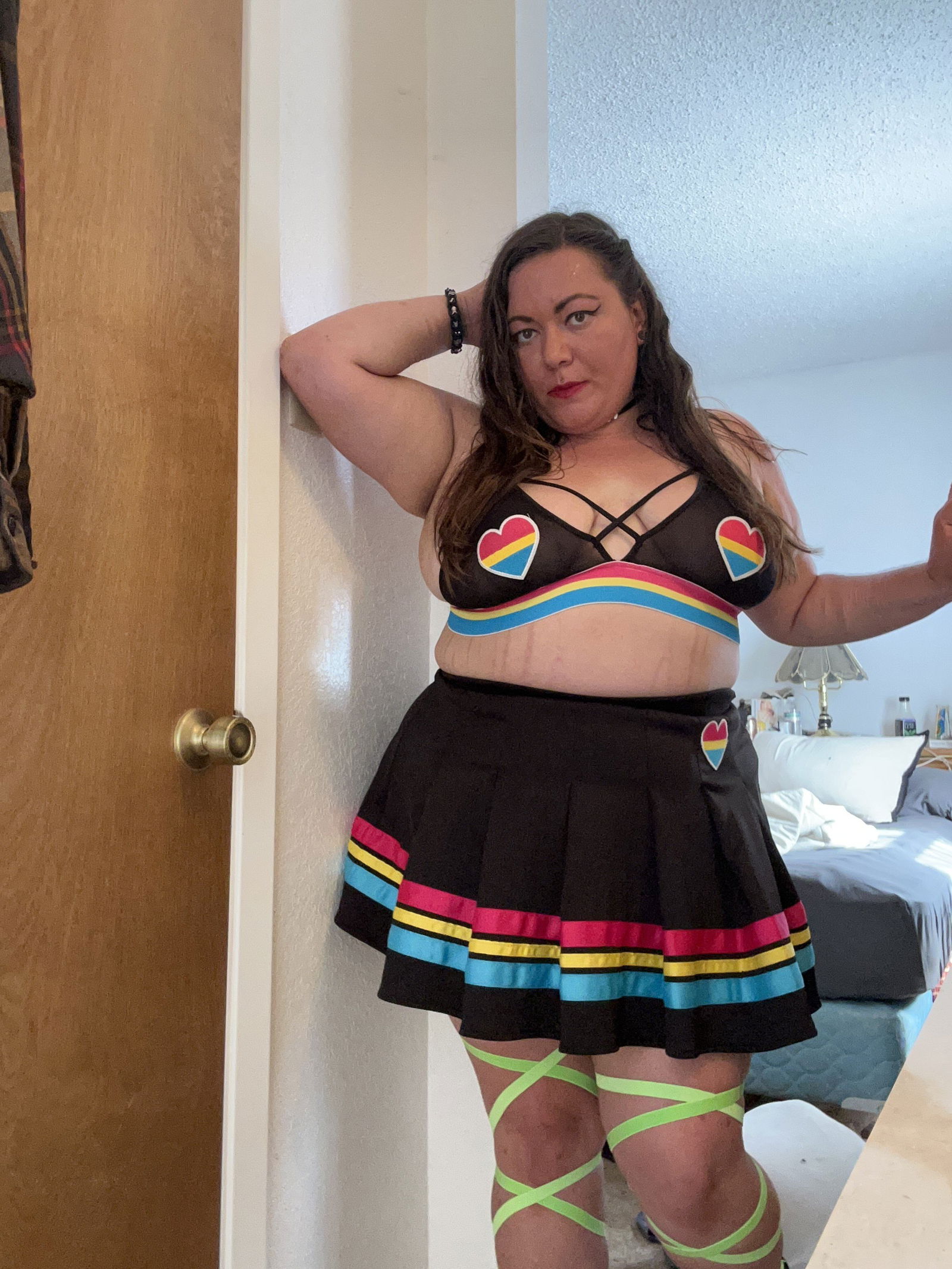 Album by valroxy99 with the username @valroxy99, who is a verified user,  July 10, 2024 at 11:14 PM. The post is about the topic Sexy Lingerie and the text says 'pretty in 💕💕💕🥰🥰🥰 love to pose and show what is underneath ;) #bbw #sexyoutfits #braandpanties #miniskirt #bigtits #lovepride #bisexual'