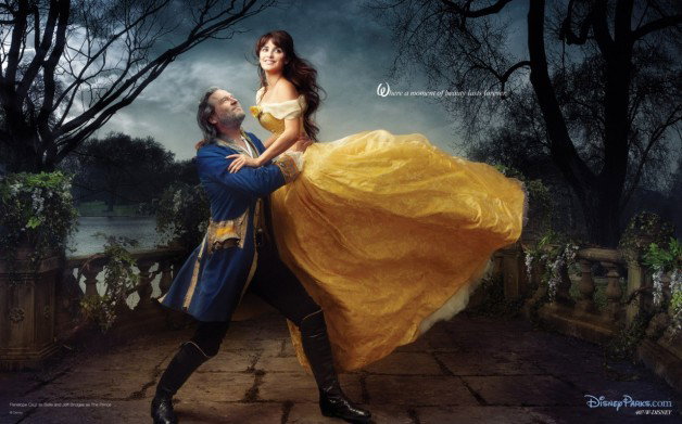 Photo by ispanskyletcik with the username @SIW71,  March 30, 2011 at 4:53 PM and the text says 'exlib:

Disney Dream Portraits by Annie Leibovitz.
Penelope Cruz and Jeff Bridges appear as Belle and the transformed  prince, recalling the final scene from “Beauty and the Beast.” The  celebratory moment is captioned, “Where a moment of beauty lasts..'