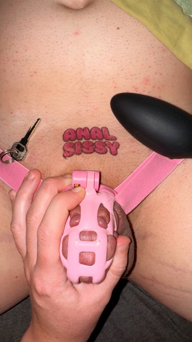 Photo by Sissy Krissy with the username @SissyKrissy247, who is a verified user,  August 11, 2024 at 11:20 PM. The post is about the topic Sissy Desires and the text says 'caged and plugged is the best way to be 😍🥰'