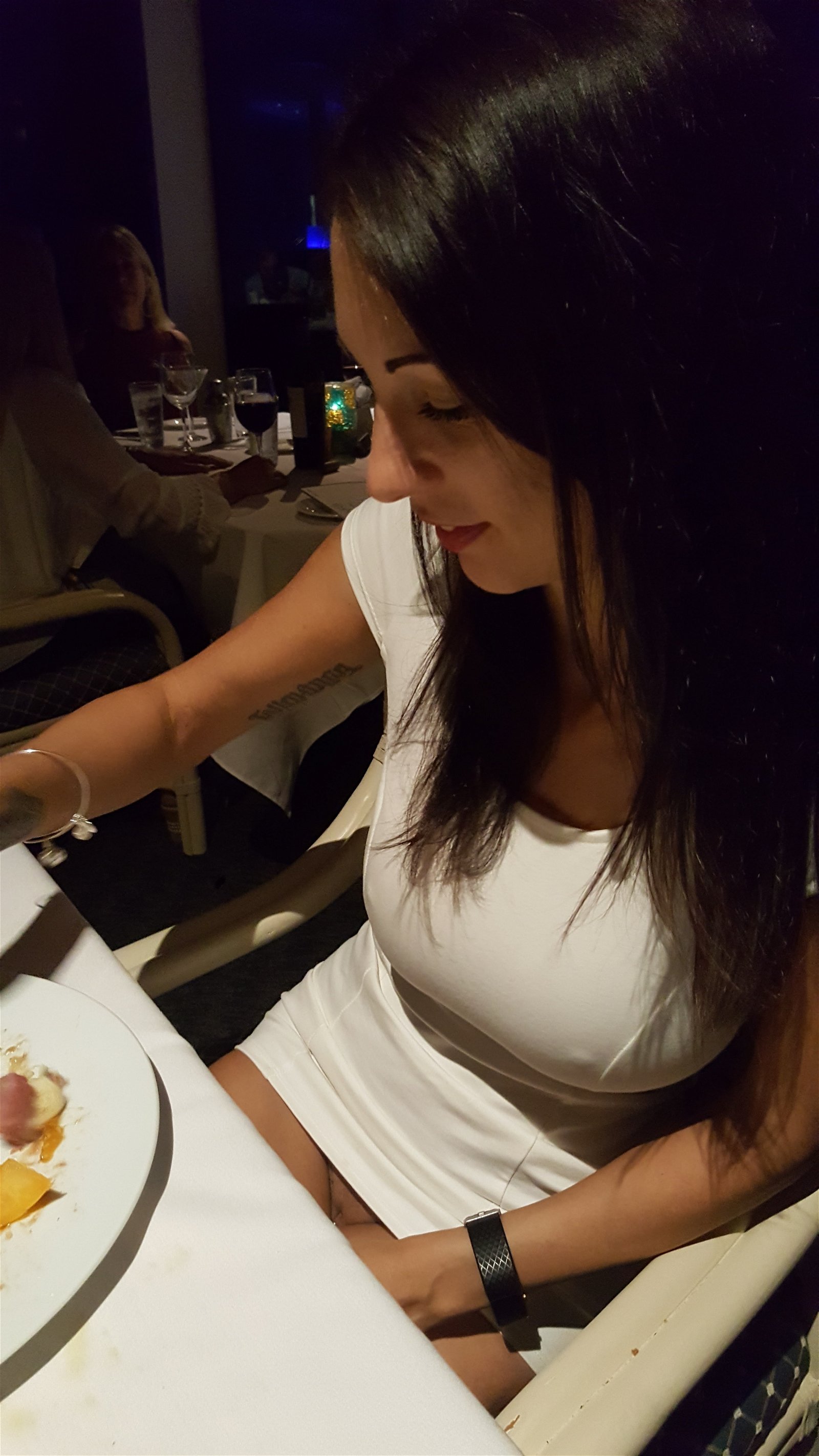 Photo by hispornthings with the username @hispornthings,  March 19, 2018 at 4:34 PM and the text says 'She hiked her skirt up enough to make it a nice tease from the waiter’s view. #public'