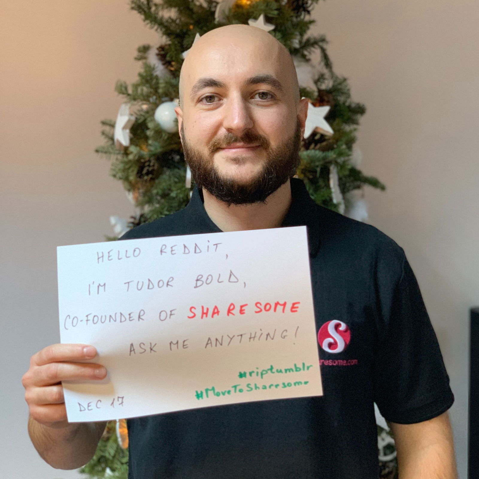 Photo by Tudor Bold with the username @TudorBold,  December 17, 2018 at 2:59 PM and the text says 'I will be hosting an #AMA on @Reddit today, talking about @Sharesome in the context of #TumblrPurge. 

#MoveToSharesome

Go here: https://www.reddit.com/r/IAmA/comments/a70ir2/today_tumblr_officially_banned_porn_i_made/'
