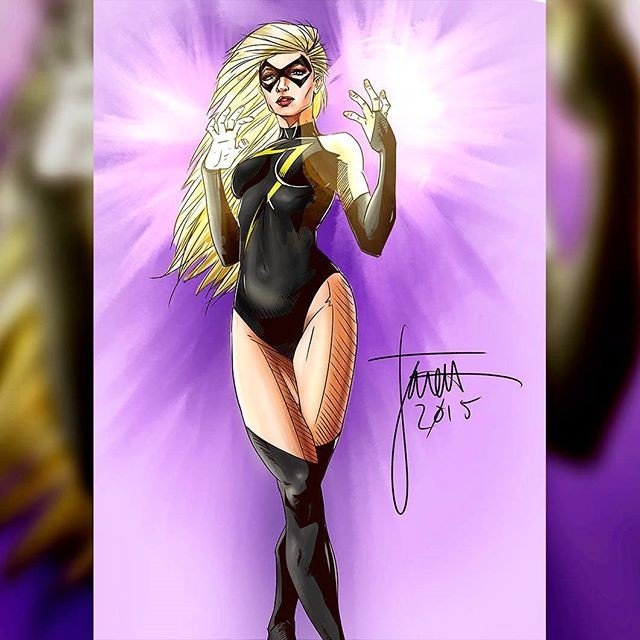 Photo by thejarett with the username @thejarett,  August 27, 2015 at 6:35 PM and the text says 'Took a redditgetsdrawn submission and made Captain Marvel #art #drawing #marvel #msmarvel #marvelcomics #captainmarvel #carol #danvers #rdg #maxisma #digitalart #surface #mangastudio'