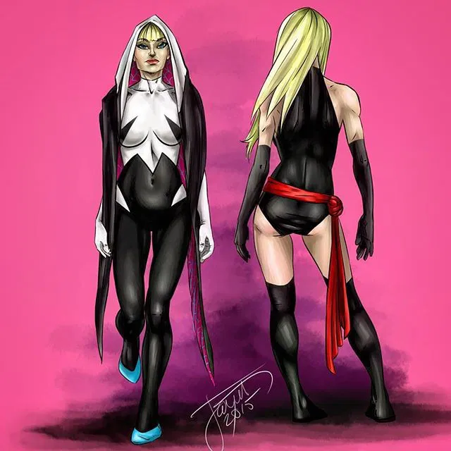 Photo by thejarett with the username @thejarett,  August 5, 2015 at 3:53 AM and the text says 'Coloring practice with Spider-Gwen and Ms. Marvel #art #drawing #marvel #spiderman #gwenstacy #marvelcomics #caroldanvers #instartist #surface #mangastudio'