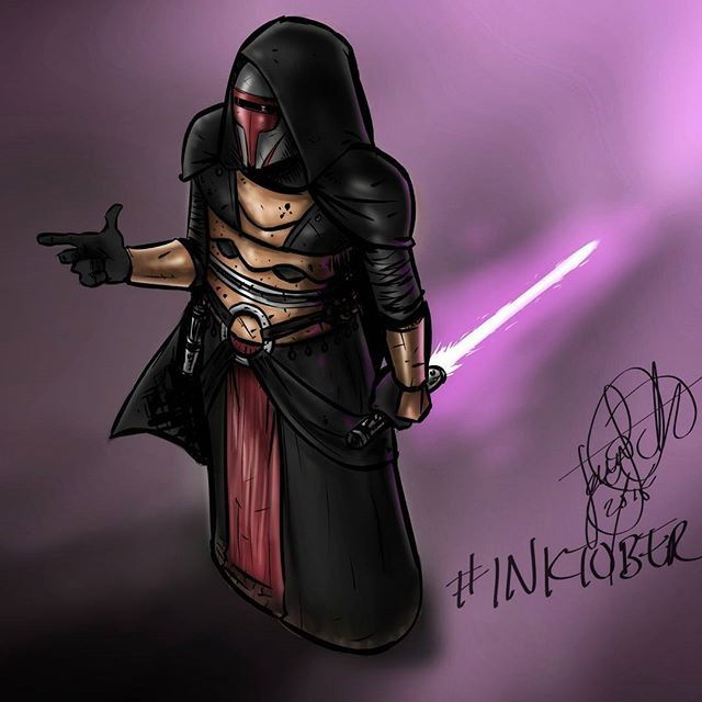 Photo by thejarett with the username @thejarett,  October 9, 2015 at 6:33 PM and the text says 'Darth Revan is on the #inktober scene today! #art #drawing #starwars #jedi #sith #kotor #knightsoftheoldrepublic #instantartist #instartist #comics #purple #lightsaber'