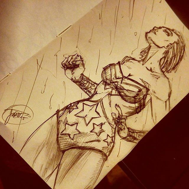 Photo by thejarett with the username @thejarett,  October 22, 2015 at 3:09 AM and the text says 'Sketch a Wonder Woman in some kind of old school one piece flair #art #drawing #dc #dccomics #wonderwoman #diana #amazonwarrior #instartist #pentalic #sketchbook @pentelofamerica #pencilart'