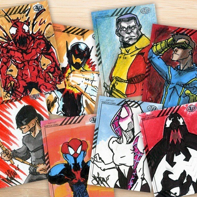 Photo by thejarett with the username @thejarett,  June 18, 2015 at 2:23 AM and the text says 'I got to participate in creating sketch cards for Marvel and Upper Deck for a Marvel Retro card set coming out. Here&rsquo;s my Artist Proof cards that I&rsquo;ll be selling individually. #art #drawing #marvel #upperdeck #carnage #ultron #colossus..'