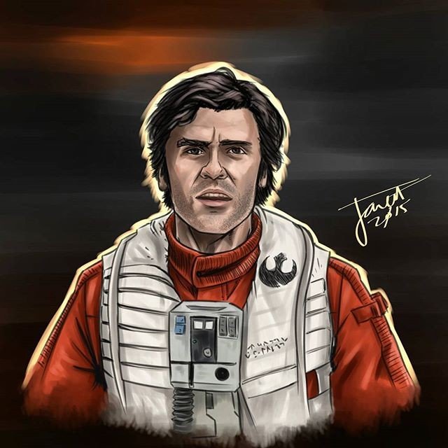 Photo by thejarett with the username @thejarett,  December 28, 2015 at 3:46 PM and the text says 'Do I talk first? Do you talk first? #art #drawing #starwars #theforceawakens #swtfa #resistance #pilot #xwing #poe #dameron @starwars @smsigraphics #surfacepro4'