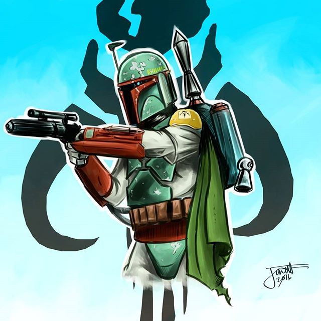 Photo by thejarett with the username @thejarett,  January 14, 2016 at 8:15 PM and the text says 'My backpack&rsquo;s got jets, I&rsquo;m #boba the#Fett. #art #drawing #starwars #bountyhunter #bobafett #headlessdad #mcchris #surface #mangastudio @smsigraphics @starwars'