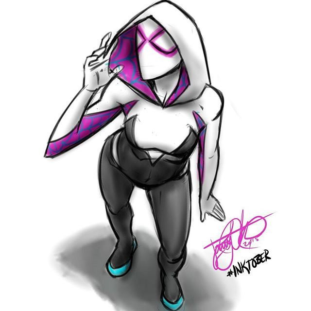 Photo by thejarett with the username @thejarett,  October 7, 2015 at 11:22 PM and the text says 'Finally getting back to #inktober with this #SpiderGwen #isometric sketch. #art #drawing #marvel #spiderman #gwenstacy #marvelcomics #practice #perspective'