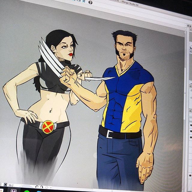 Photo by thejarett with the username @thejarett,  July 31, 2015 at 9:12 PM and the text says 'Wolverine and X-23 feeling a little stabby #art #drawing #marvel #xmen #marvelcomics #wolverine #x23 #instartist #surface #mangastudio #wip'