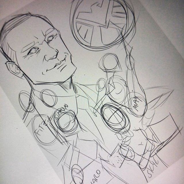 Photo by thejarett with the username @thejarett,  August 11, 2015 at 8:47 PM and the text says 'Recently become a big fan of Agents of S.H.I.E.L.D. and thought some art was in order #art #drawing #marvel #agentsofshield #coulson #ward #skye #fitz #simmons #may #shield @clarkgregg #surface #mangastudio #wip #workinprogress #marvelcomics'