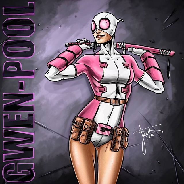 Photo by thejarett with the username @thejarett,  September 13, 2015 at 12:01 AM and the text says 'The latest Gwen Stacy, Gwen-Pool! #art #drawing #marvel #spiderman #gwenstacy #marvelcomics #deadpool #gwenpool #crossover #instartist #comics #webcomic #webstagram #comicart'