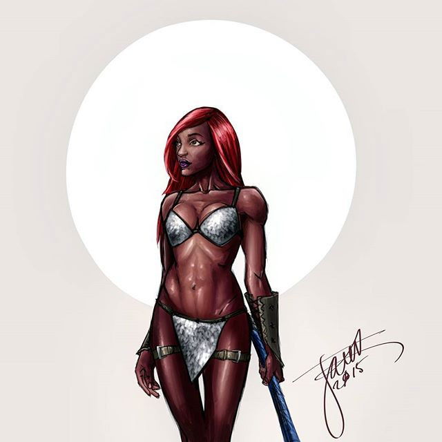 Photo by thejarett with the username @thejarett,  September 19, 2015 at 1:22 PM and the text says 'Red Sonja based on cosplay by @kayyybear #art #drawing #marvel #dynamite #conan #instantartist #digitalart #surface #mangastudio'