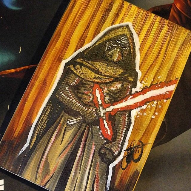 Photo by thejarett with the username @thejarett,  September 4, 2015 at 8:33 PM and the text says 'Kylo Ren on a bamboo cutting board with Copic markers? Aww yiss #forcefriday #art #drawing #starwars #theforceawakens #swtfa #kyloren #adamdriver #knightsofren #episode7 #instartist #instantartist #bamboo #woodart #copic @copicmarker @starwars'