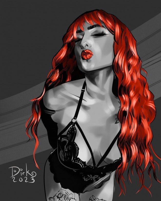 Photo by Dirk Hooper with the username @DirkHooper, who is a verified user,  February 16, 2023 at 6:34 PM and the text says 'NEW!

This is my experimental portrait of Ivy Fox. I loved her hair and wanted to see what it would look like if I emphasized that alone.

If you want to see more of Ivy Fox, she is on Instagram @ivyfoxoffical and you can also see her at ivyfox.uk.

..'