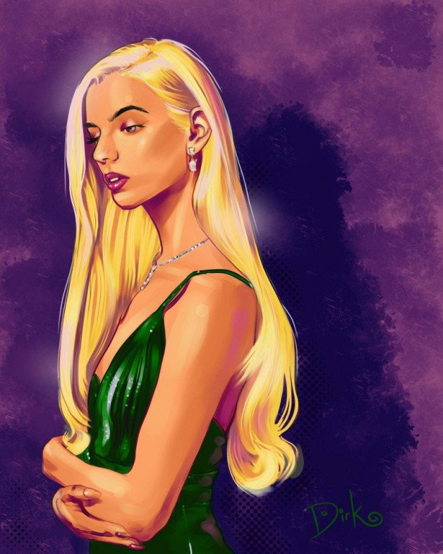Photo by Dirk Hooper with the username @DirkHooper, who is a verified user,  September 14, 2023 at 7:21 PM and the text says 'I was so blown away with Anya Taylor Joy in the green dress she wore to an awards show, that I did this painting of her a couple of years ago.



#art #painting #digitalpainting #portrait #anyataylorjoy'