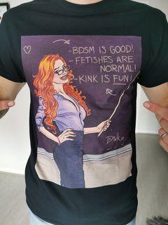 Photo by Dirk Hooper with the username @DirkHooper, who is a verified user,  May 17, 2022 at 7:03 PM and the text says 'Here’s my "Hot for Teacher" KinkInk art modeled by a happy supporter!

You can get your own print on clothes, mugs, bags, and more!

Your support creates more kinky art!

https://redbubble.com/people/dirkhooper/works/82681989-hot-for'