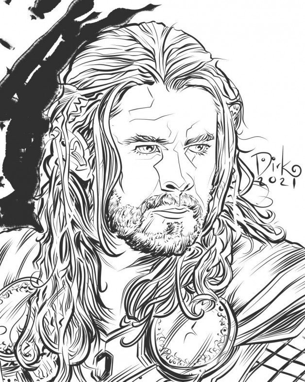 Photo by Dirk Hooper with the username @DirkHooper, who is a verified user,  October 4, 2021 at 10:24 PM and the text says '#Inktober Day 2 - Thor

I have some catching up to do!

#marvelcomics #mcu #THOR #fanart #art #penandink #ink 

I do custom art for you here:
tinyurl.com/DirkHooperArt

Please share!'