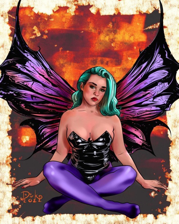 Photo by Dirk Hooper with the username @DirkHooper, who is a verified user,  September 3, 2022 at 4:40 PM and the text says 'Here's a fun collaboration fantasy portrait I did with MJ. What do you think? 

You can find her @mj.feet.96 on Instagram.

If you’d like your own piece of art by me you can find out more and contact me here:..'