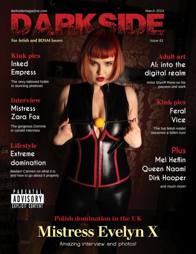 Photo by Dirk Hooper with the username @DirkHooper, who is a verified user,  February 26, 2024 at 8:58 PM and the text says 'I'm happy to announce that Issue 61 of Darkside Magazine is out!

Once again, I have my monthly article "Dirk Hooper's Gallery" in this issue. I present a new uncensored femdom chastity artwork that's one of my recent favorites.

If you're interested..'
