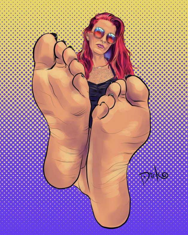 Photo by Dirk Hooper with the username @DirkHooper, who is a verified user,  February 27, 2021 at 6:49 PM and the text says 'New! Commissioned KinkInk Portrait of Toetal Vixen by Dirk Hooper

This piece was commissioned by a fan for Toetal Vixen's birthday (which is today... Happy Birthday)!

If you couldn't tell, she's a well-known foot model, among many other wonderful..'
