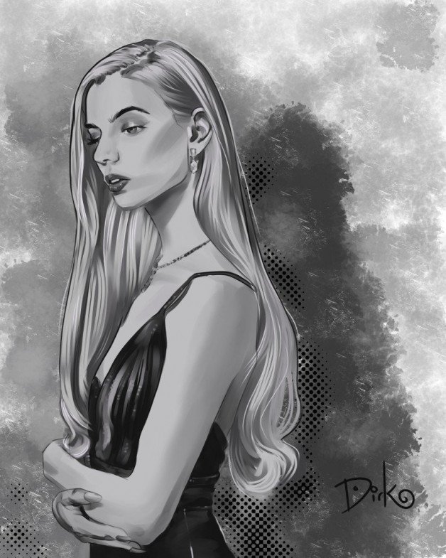 Photo by Dirk Hooper with the username @DirkHooper, who is a verified user,  March 4, 2021 at 3:17 AM and the text says 'New! Anya Taylor-Joy by Dirk Hooper



This is the second try on this piece and the path has been instructional.



I was blown away with the old Hollywood look of Anya Taylor-Joy on the Golden Globes on Sunday. Concurrently, I've been wanting to learn..'
