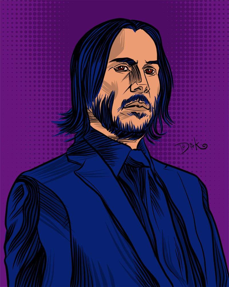 Photo by Dirk Hooper with the username @DirkHooper, who is a verified user,  June 29, 2019 at 6:30 PM and the text says 'New! I just had to draw Keanu Reeves!

This piece is titled "Wick," naturally, and it's in my new Dynamic Comic-Art style.

Commission Original Artwork here: https://buff.ly/2u3xO5e

#fantasyart #johnwick #keanureeves #keanuForever #comicart #oklahoma..'