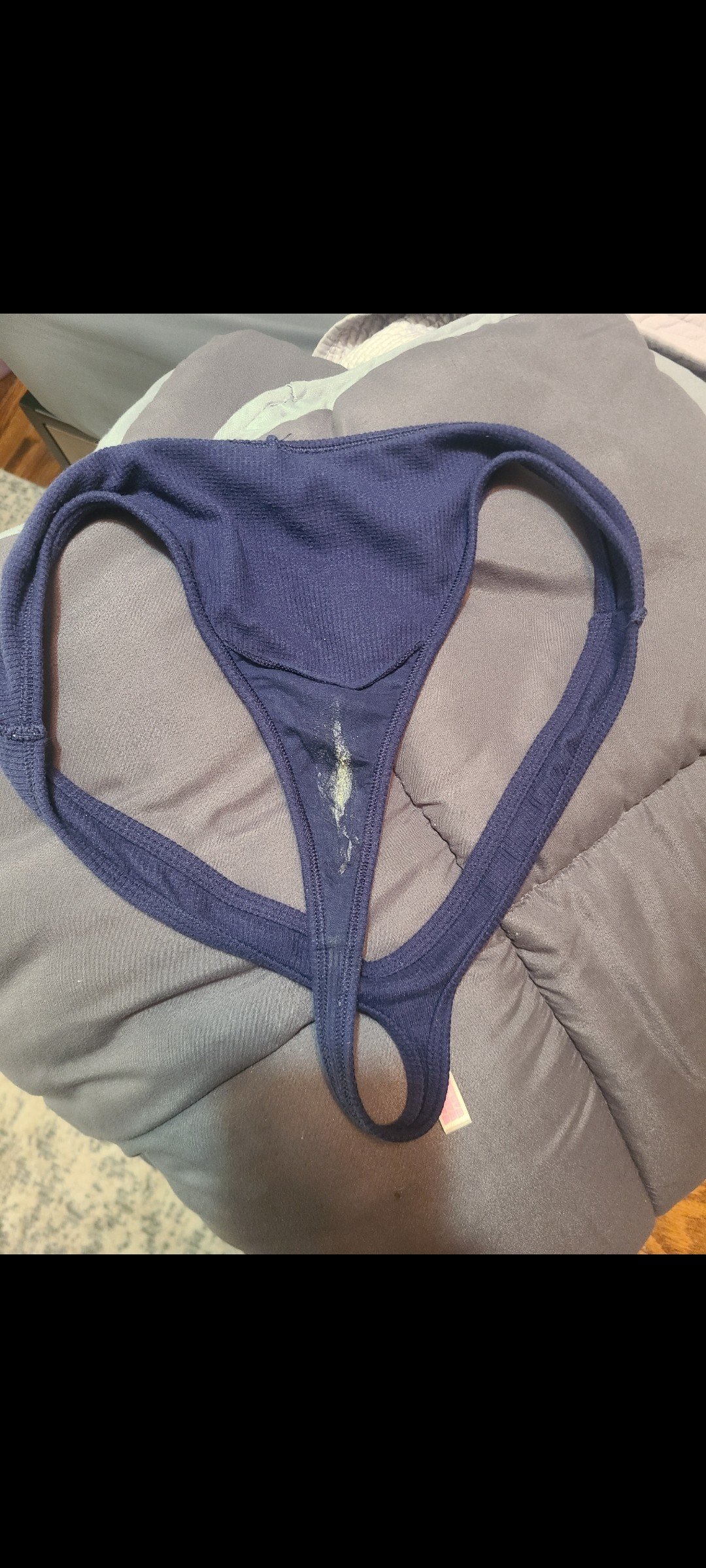 Album by Curioushubby with the username @Curioushubby, who is a verified user,  December 6, 2024 at 12:12 AM and the text says 'It makes me wonder what my wife has been thinking about at work when her panties are this dirty!'