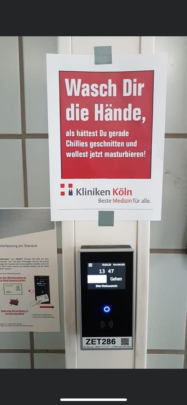 Photo by YesYesOhGodYes with the username @YesYesOhGodYes,  March 22, 2020 at 8:21 AM. The post is about the topic Funny SFW and the text says 'That should do the trick:

German sign in a public hospital: "Wash your hands as though you cut chillies and want to masturbate now".

#covid19 #coronavirus #washyourhands'
