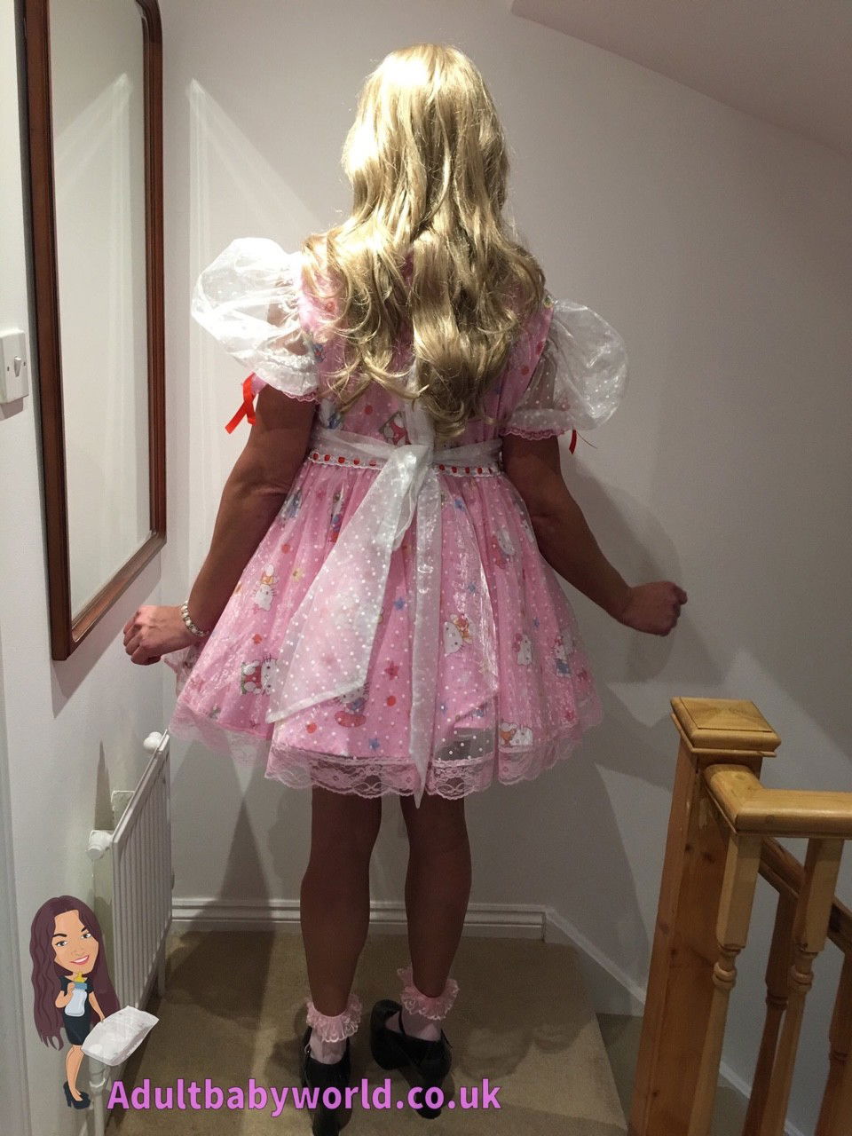 Photo by dollar97531 with the username @dollar97531,  March 26, 2018 at 2:08 AM and the text says 'bettysnursery:
#ABDL #sissy @KATsissyAB (on Twitter) looking like Alice in Wonderland dressed in the Hello Kitty #sissydress #petticoat #adultdiaper &amp; #plasticpants Visit the #abdlNursery to be turned into the cutest #adultbaby ever'