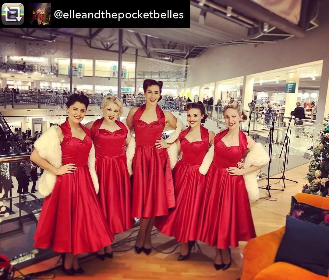 Photo by dollar97531 with the username @dollar97531,  December 18, 2017 at 12:45 AM and the text says 'vivienofholloway:
Step into Christmas

Those glamorous ladies Elle and The Pocket Belles looking fabulously  festive here in our Red Duchess Satin Halterneck Circle Dresses. 
Click the link in our Bio to shop and bring a touch of glamour to your Christmas..'