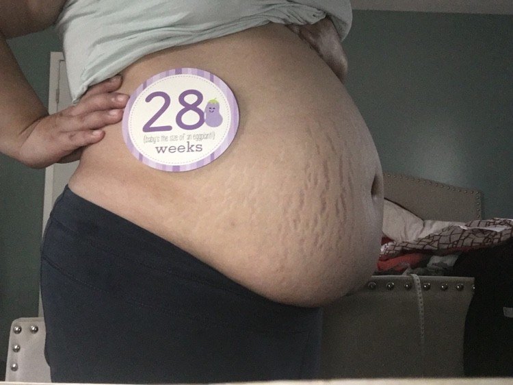 Photo by preggoalways with the username @preggoalways,  March 20, 2018 at 11:37 PM and the text says 'preggoalways:
Happy 28 weeks aka 7 months to us !!!!!!
Thankful I have made it this far without any major complications or bedrest so definitely an accomplishment in my book.

P.S. Yes, the tape measure doesn’t touch anymore. Way to go belly, 60&quot;+..'