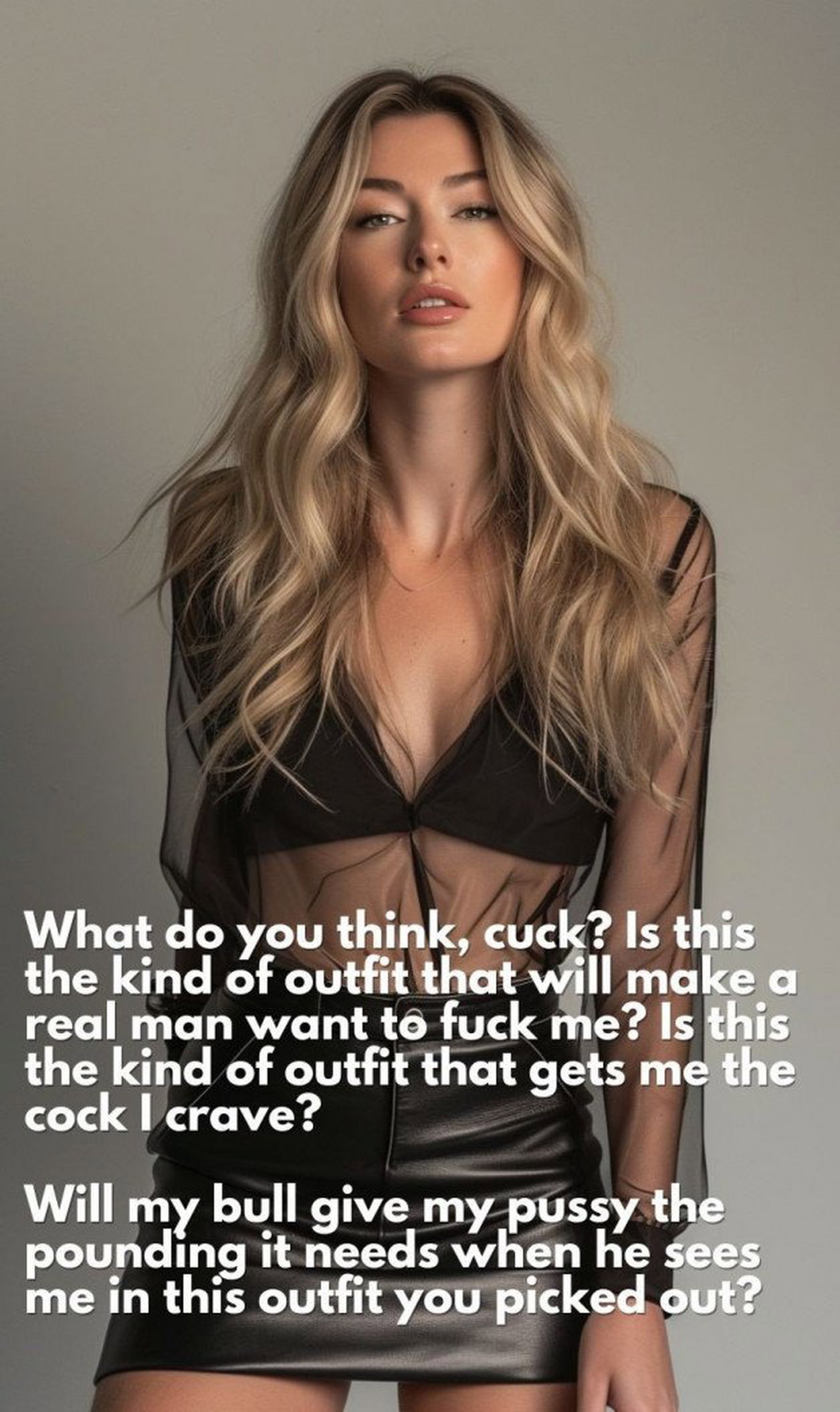 Photo by beccabellamy with the username @beccabellamy,  January 30, 2024 at 9:18 PM. The post is about the topic Cuckold Captions and the text says 'A short leather skirt. A sheer blouse. A lovely black bra.

Yes, that outfit will make her bull want her. It might ensure that they don't even go on their date as he might could find himself compelled to tear her clothes off and have his way with her..'