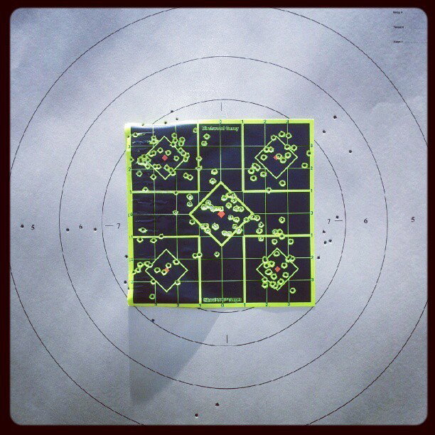 Photo by Jadehawk with the username @Jadehawk,  June 18, 2012 at 9:58 AM and the text says 'Checking out this Instagram app.. Results from a day at the range at a distance of 100  yards (Taken with Instagram)'