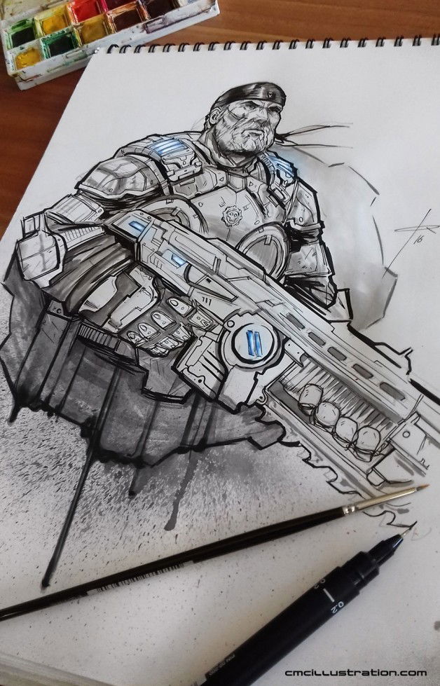 Photo by gazukull with the username @gazukull,  October 2, 2016 at 6:28 PM and the text says 'cmcillustration:

InkTober #1
ENG: I’m eager to see how #GearOfWar4 looks, it’s going to be released on a few days, so I don’t think there’s a better way to start #inkTober2016. Here’s my tribute to #oldmanMarcus
ESP: Estoy ansioso por ver qué pinta tiene..'