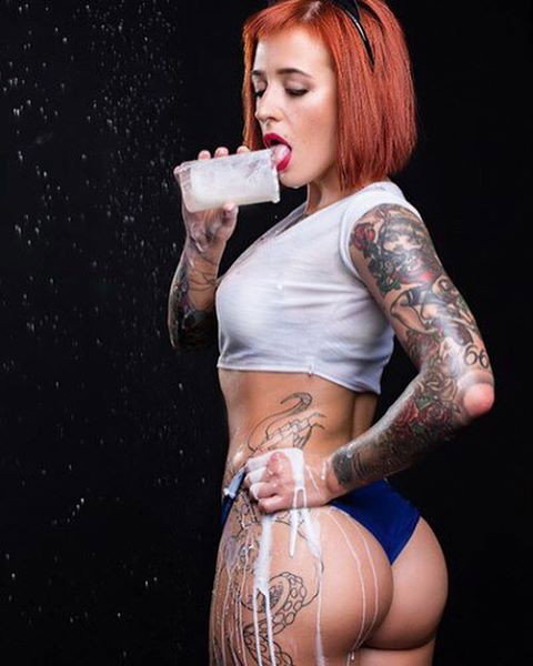 Photo by gazukull with the username @gazukull,  March 25, 2016 at 5:58 AM and the text says 'cemeterylilies:

Bad kitty! Photo by @alice_sudos 
#janesinner #redhead #bodygoals #bootyfordays #gotmilk #tattooedredhead #tattoogirl'