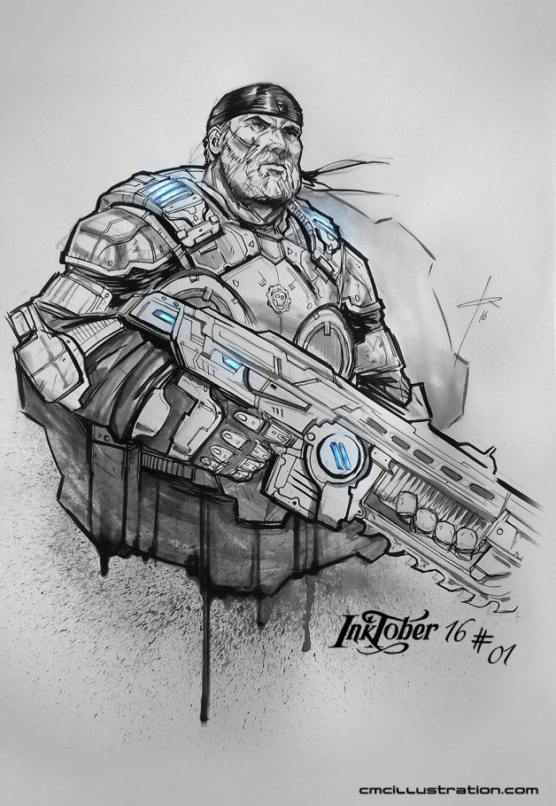 Photo by gazukull with the username @gazukull,  October 2, 2016 at 6:28 PM and the text says 'cmcillustration:

InkTober #1
ENG: I’m eager to see how #GearOfWar4 looks, it’s going to be released on a few days, so I don’t think there’s a better way to start #inkTober2016. Here’s my tribute to #oldmanMarcus
ESP: Estoy ansioso por ver qué pinta tiene..'