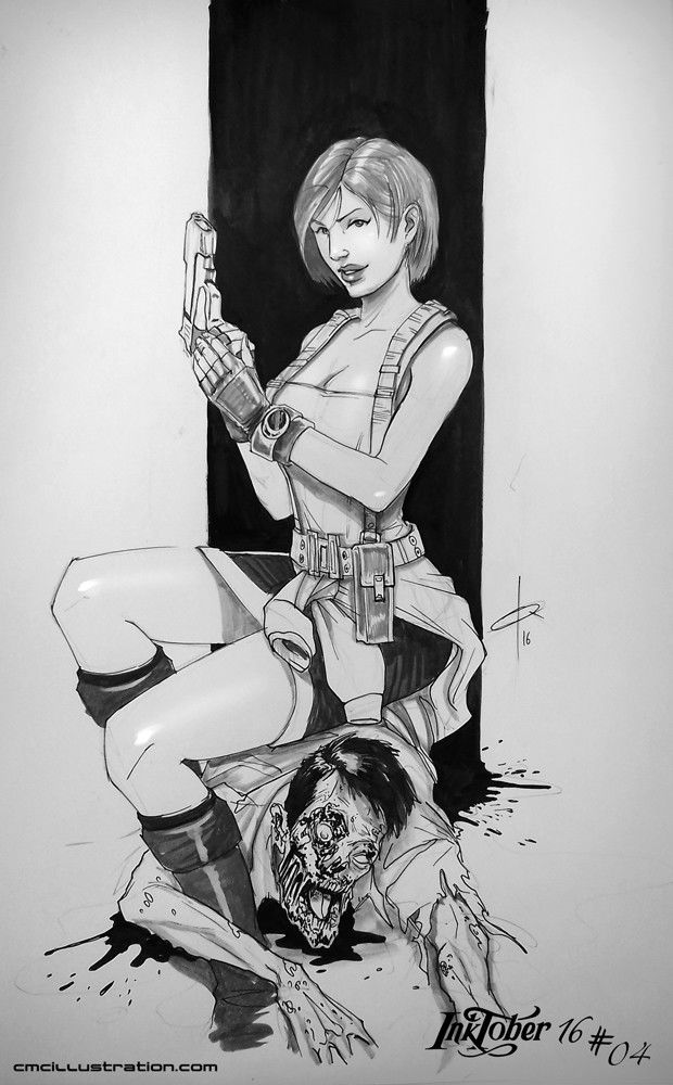 Photo by gazukull with the username @gazukull,  October 4, 2016 at 11:13 PM and the text says 'cmcillustration:

#Inktober 4I continue visiting retro games. Today #JillValentine from#ResidentEvil3…STAAAAARS!!!#cmcillustration #InktoberSpain #Inktober2016'